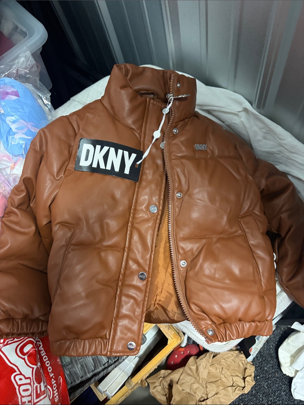 DKNY Brown Faux-Leather Puffer Jacket for Kids